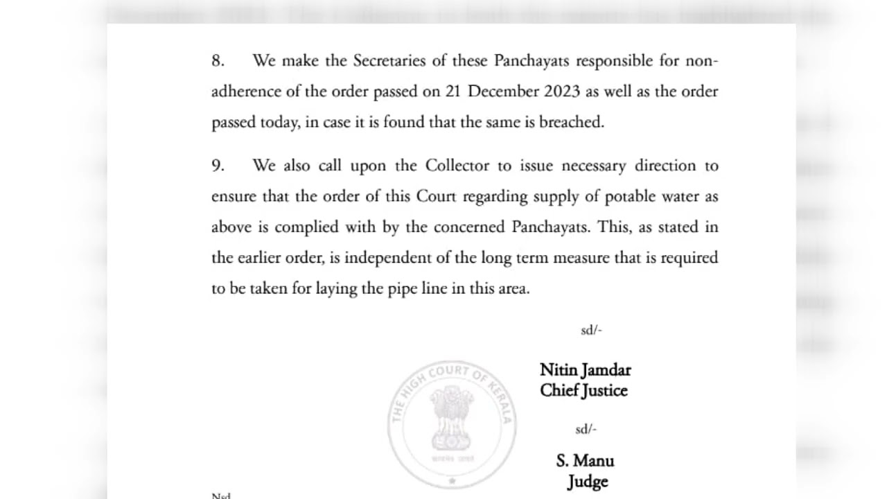 കുടിവെള്ളം നൽകാൻ അടിയന്തര നടപടി സ്വീകരിക്കാൻ 9 പഞ്ചായത്ത് സെക്രട്ടറിമാർക്ക് ഹൈക്കോടതി നിർദ്ദേശം.